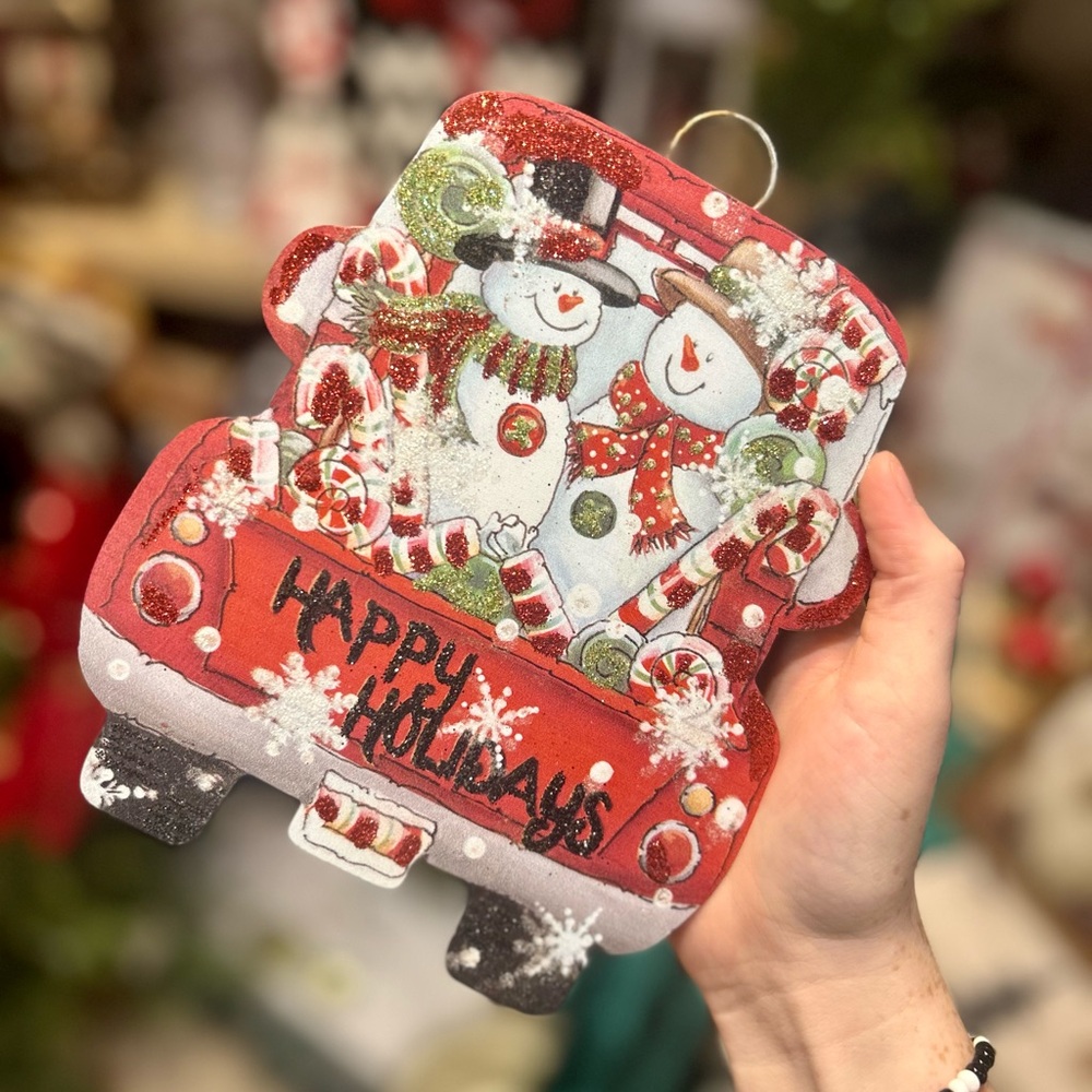 Festive Snowman Metal Charm Holiday or Ornament - Red Truck